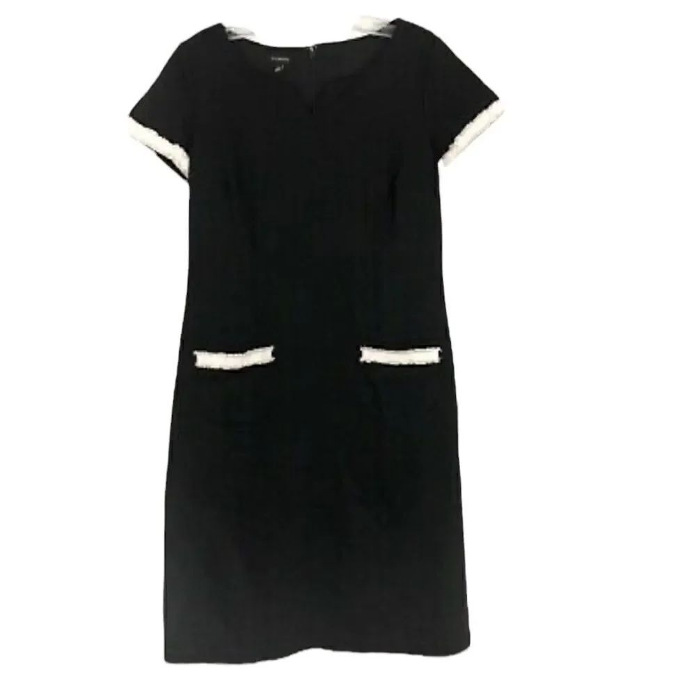 Talbots Womens Shift Dress Black White Fringe Accents Pockets Stretch Size 2